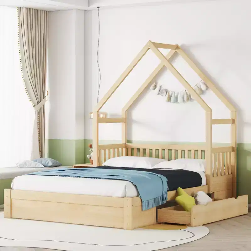 Queen Size House Platform Bed with 2 Storage Drawers, Wood Kids Bed Frame with Shelves and Guardrail