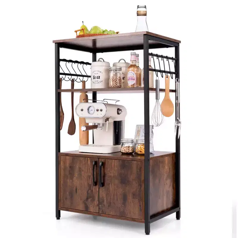 Costway 3-Tier Kitchen Bakers Rack with Cabinet 2 Open Shelves 10 S-Shaped Hooks