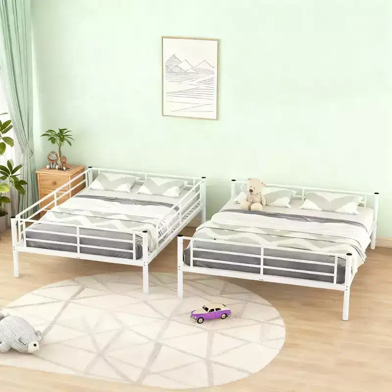 Full XL Over Queen Bunk Bed, Metal Frame with Safety Guardrails, Splits into Two Standalone Beds
