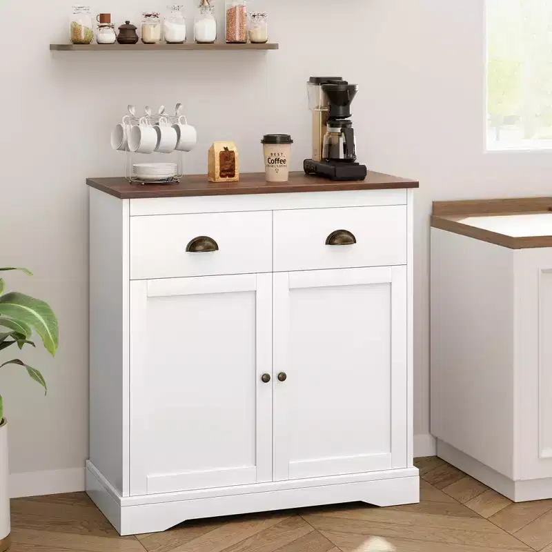Buffet Cabinet with Storage, Farmhouse Coffee Bar Cabinet with 2 Doors and 2 Drawers, Wooden Kitchen Sideboard White
