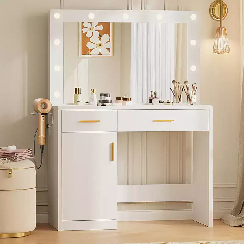 Okak Makeup Vanity with 3 Color Adjustable Mirror, Vanity Desk with Charging Station and Ample Storage, Dressing Table for Bedroom
