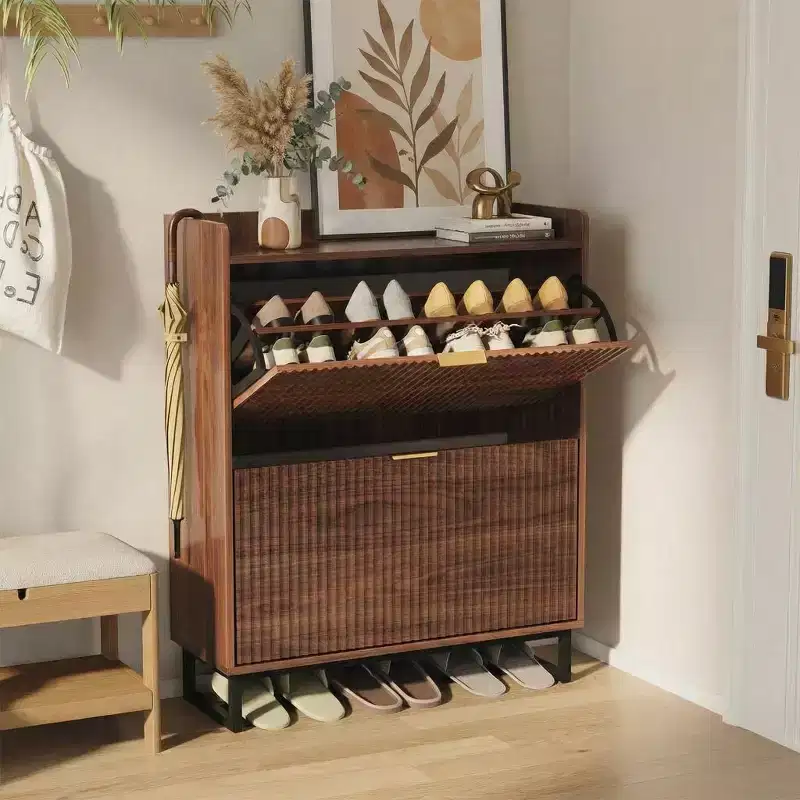Narrow Fluted Shoe Cabinet with 2 Flip-Doors, Wood Hidden Storage Organizer in Walnut for Entryway (11.8 Deep)