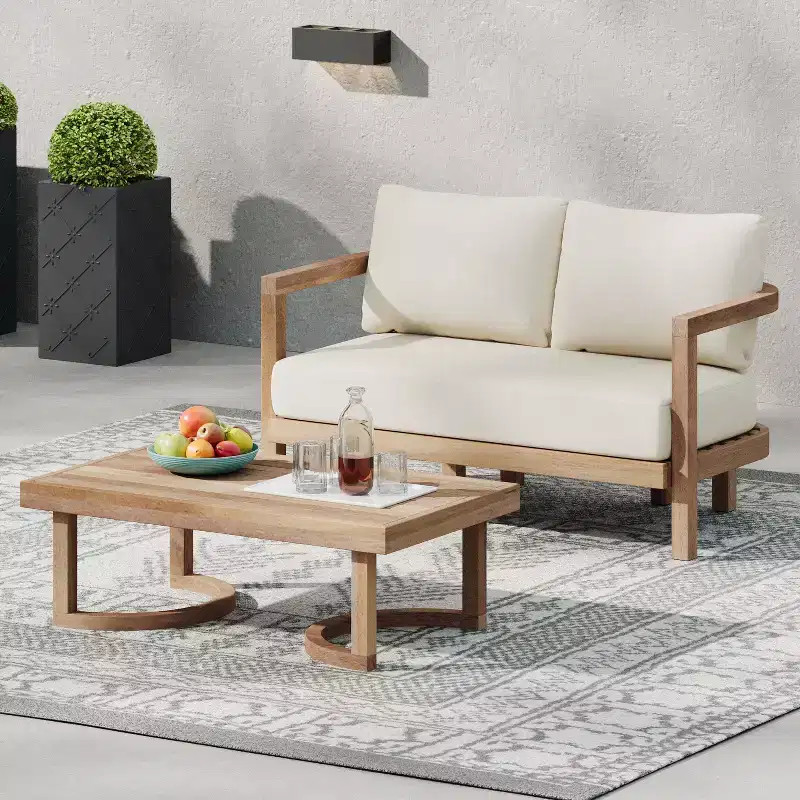 GDFStudio Aston Outdoor Acacia Wood Loveseat and Coffee Table with Cushions