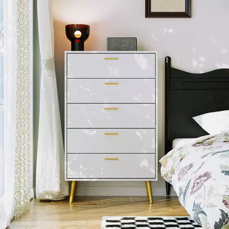 Vertical Dresser Storage Cabinet White 5 Drawer Large Storage Space Tall Cabinet Legs
