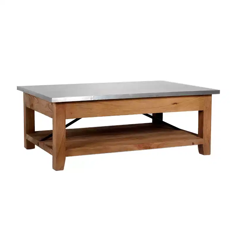 48 in. Coffee Table with Lower Shelf, Modern Industrial Style with Silver Zinc Metal Tabletop and Wood Accents