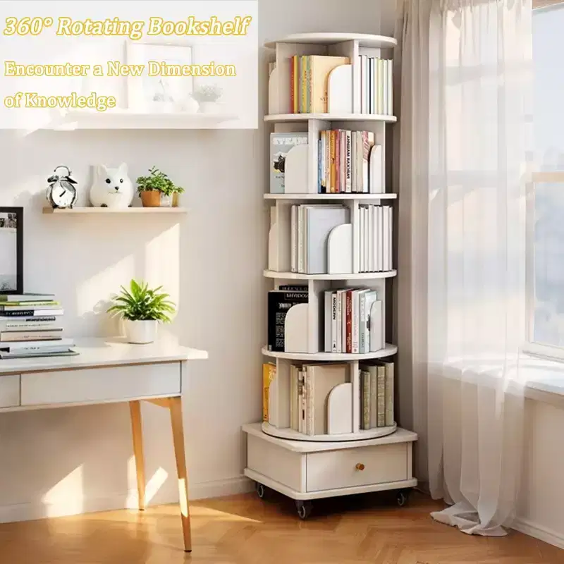 6 Tier 360 Rotating Bookshelf , 18.1118.1168.11 Warm White Round Spinning Tower, Sturdy MDF Structure, Multi-Scene Use in Bedroom, Living Room
