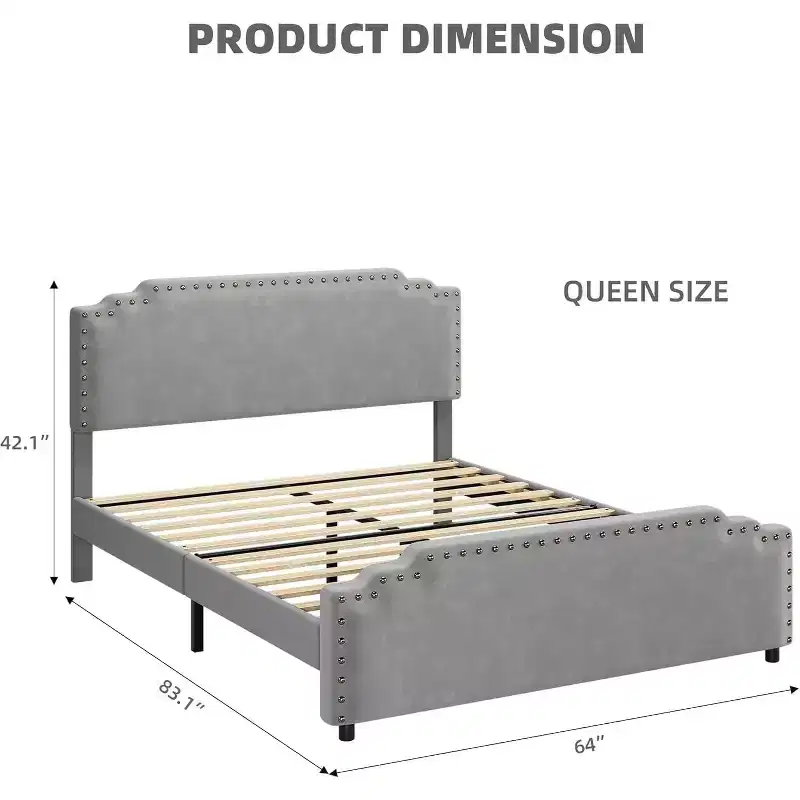 Velvet Upholstered Platform Bed with Riveted Headboard and Sturdy Woodslat Support. No Box Spring Required, Easy to Assemble