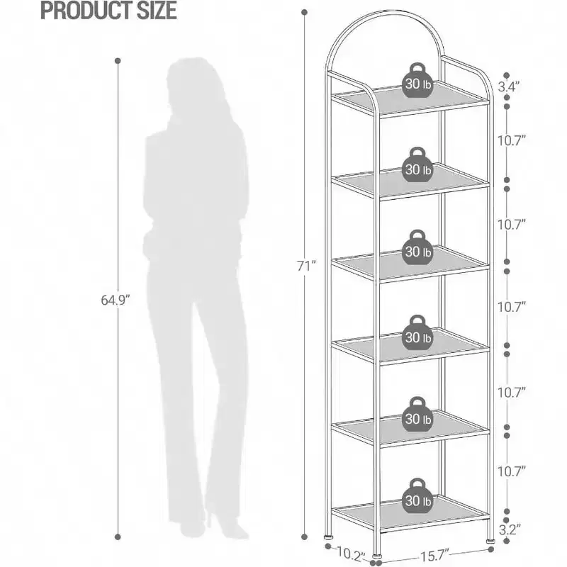 Tempered Glass Bookshelf, Slim Steel Frame 6 Tier Black Bookcase for Bedroom Bathroom Home Office Strong Sturdy Storage Shelf