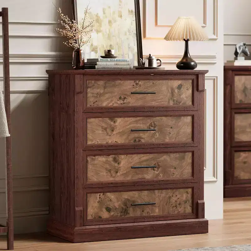 Farmhouse Tall 4-Drawer Dresser, Rustic Wood Chest with Metal Handles, Storage Cabinet for Bedroom, Living Room, Hall