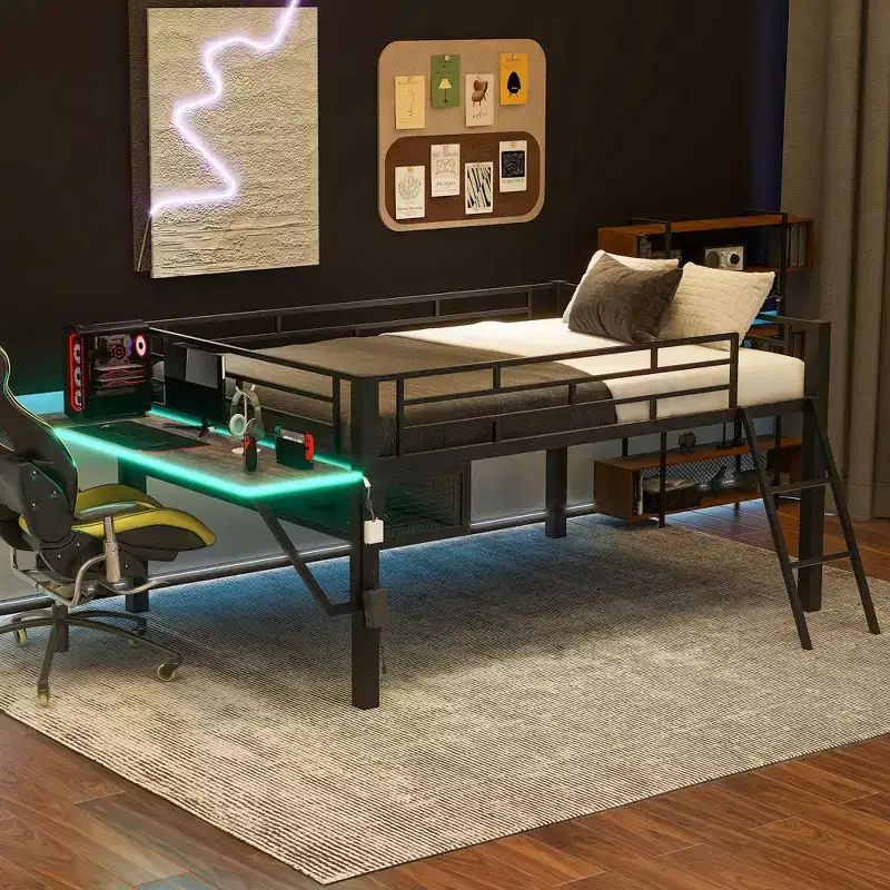 Full Size Metal Loft Bed with Desk and LED Lights, Gaming Loft Bed Frame with Storage, Black