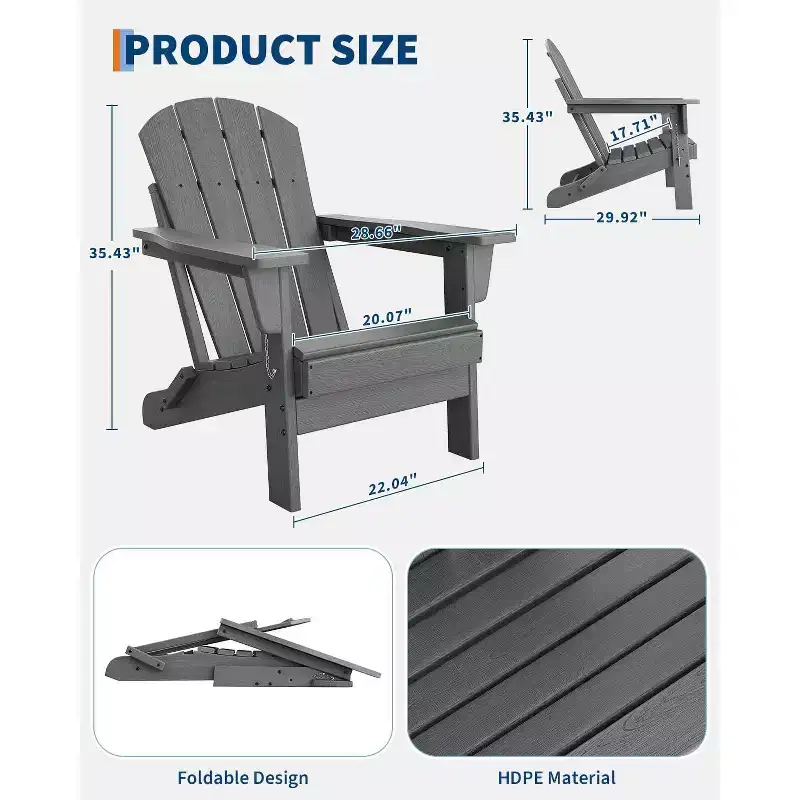 Folding Adirondack Chairs Set of 2-HDPE Plastic Outdoor Chairs with Wood Texture(Grey) for Fire Pit/Deck/Patio(380lbs Capacity & Weather Resistant)