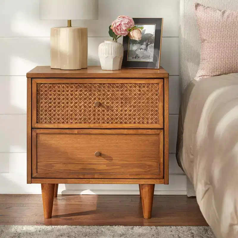 Lifestorey Maxwell 2 Drawer Mid-Century Modern Nightstand Natural Cane/Blonde Oak