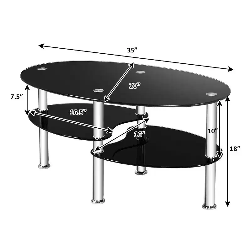Tempered Glass Oval Coffee Table with 2 Bottom Shelves, Chrome Base, Living Room, Black