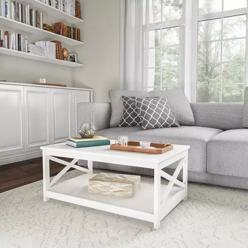 2-Tiered Low Profile X-Leg Design Coffee Table - White