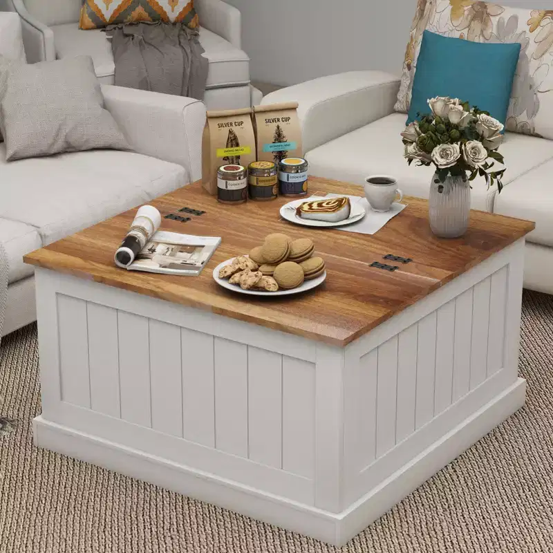 JVNOXK 31.5-inch Farmhouse-Style Wood Coffee Table with Square Hinged Lift-Top and Storage Compartment, Suitable for Living Rooms, White