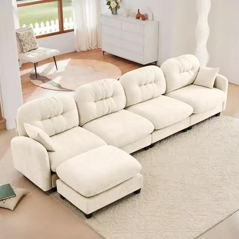 Beige Modular Sectional L Shaped Chenille Fabric Sofa with Ottoman High Quality Wooden Base for Living Rooms