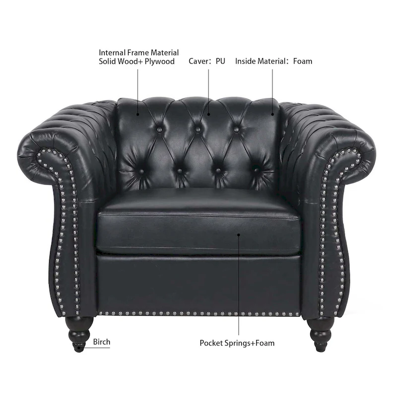 Classically Elegant 84.65 Three-Seater Rolled Arm Chesterfield Sofa in PU Leather - Sturdy Birch Legs, Soft Upholstery