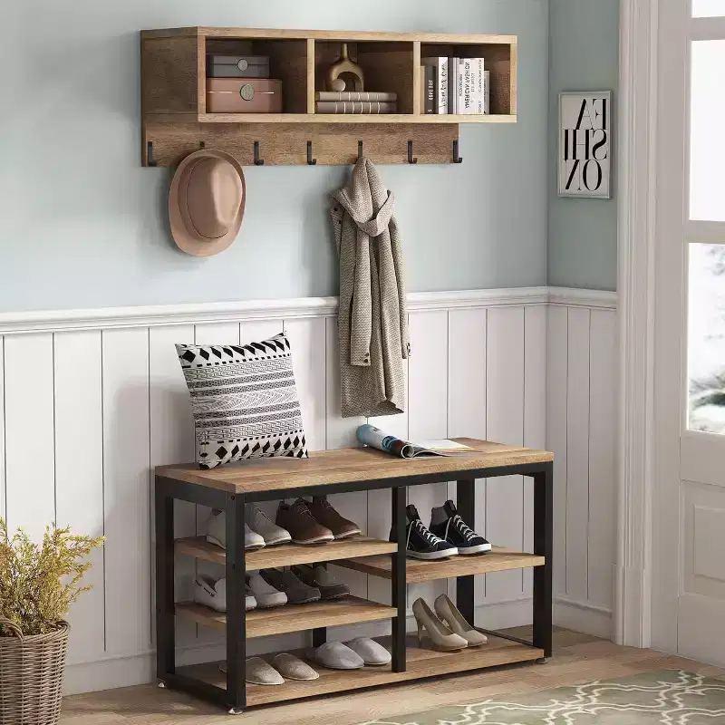 Coat Rack Set, Hall Tree with Industrial Shoe Bench, 3 Storage Cubbies & 7 Hooks, 5-in-1 Design for Entryway/Hallway, Vintage Oak