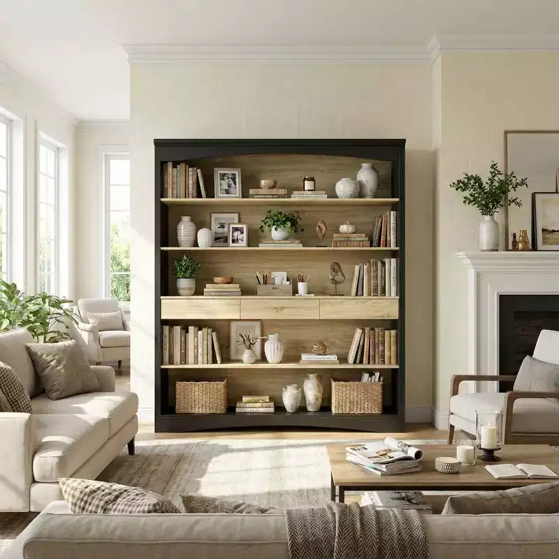 Solid Wood Bookcase with 3 Drawers and 5-Tier Open Shelves