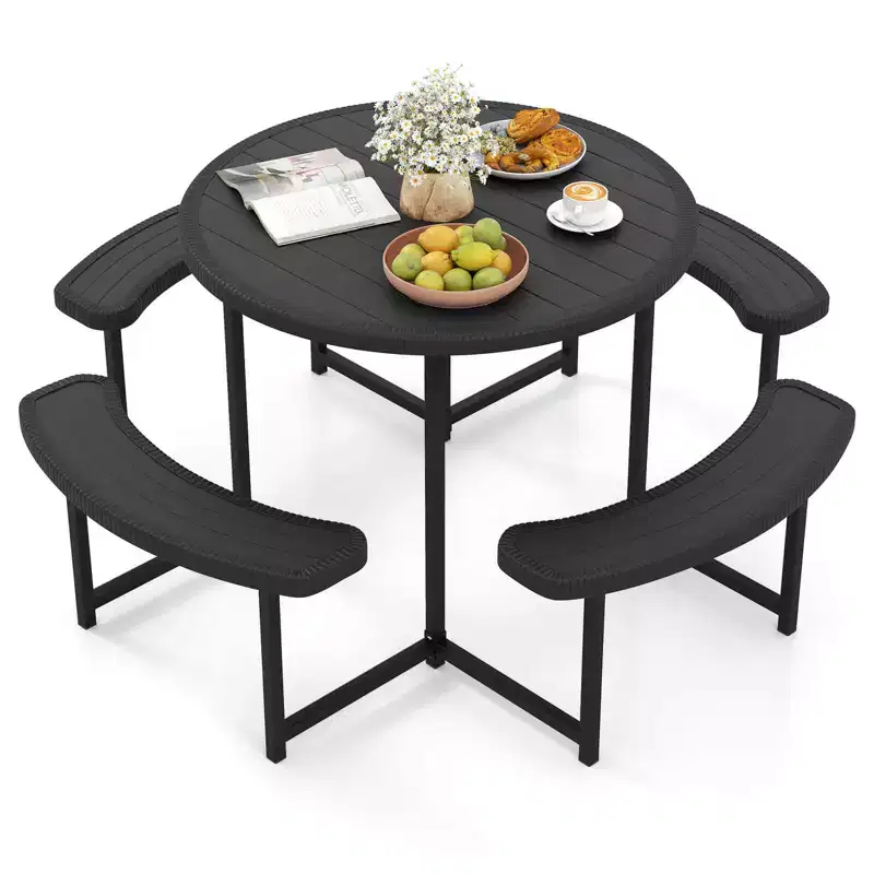 Costway Round Picnic Table Bench Set with 4 Benches Umbrella Hole All Weather Tabletop White/Green/Gray/Black