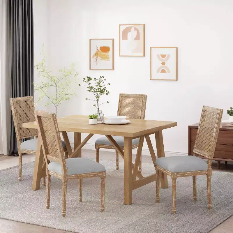 of 4 French Country Wood and Cane Upholstered Dining Chairs