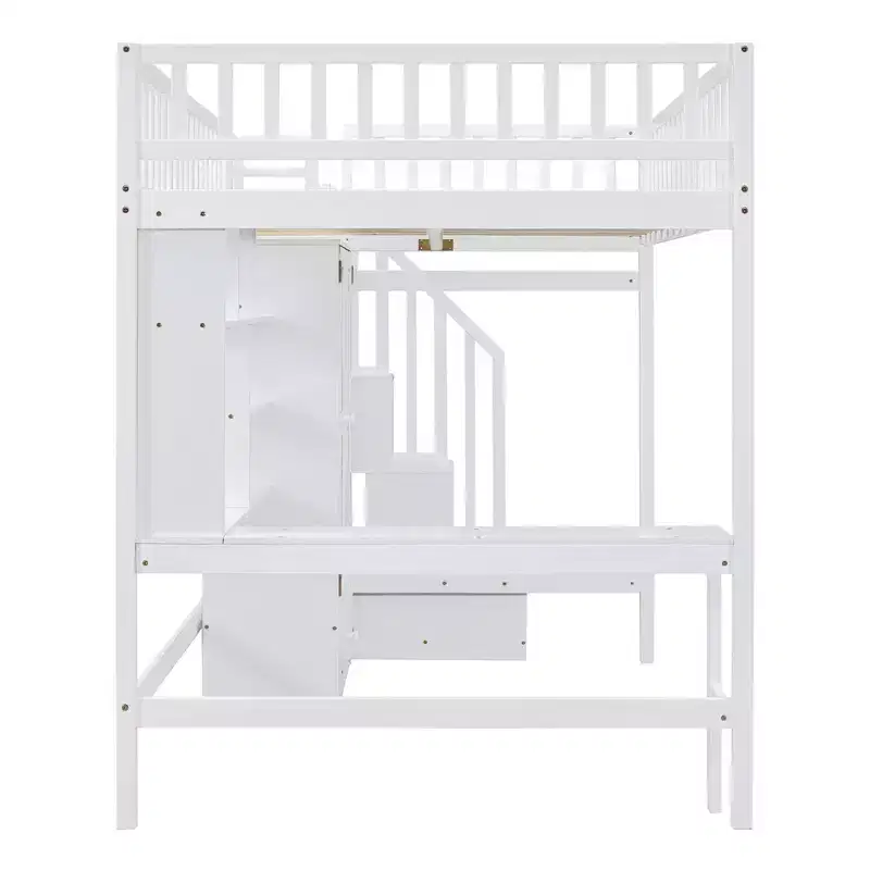 Wood Full Size Loft Bed with Bookshelf, Desk, Drawers & Wardrobe 94.4''L x 57''W