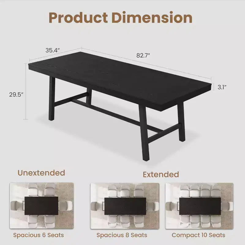 63-83 Extendable Industrial Dining Table for 6-8 People - Heavy Duty Metal Frame Expandable Kitchen Table for Dining Room, Kitchen & Parties