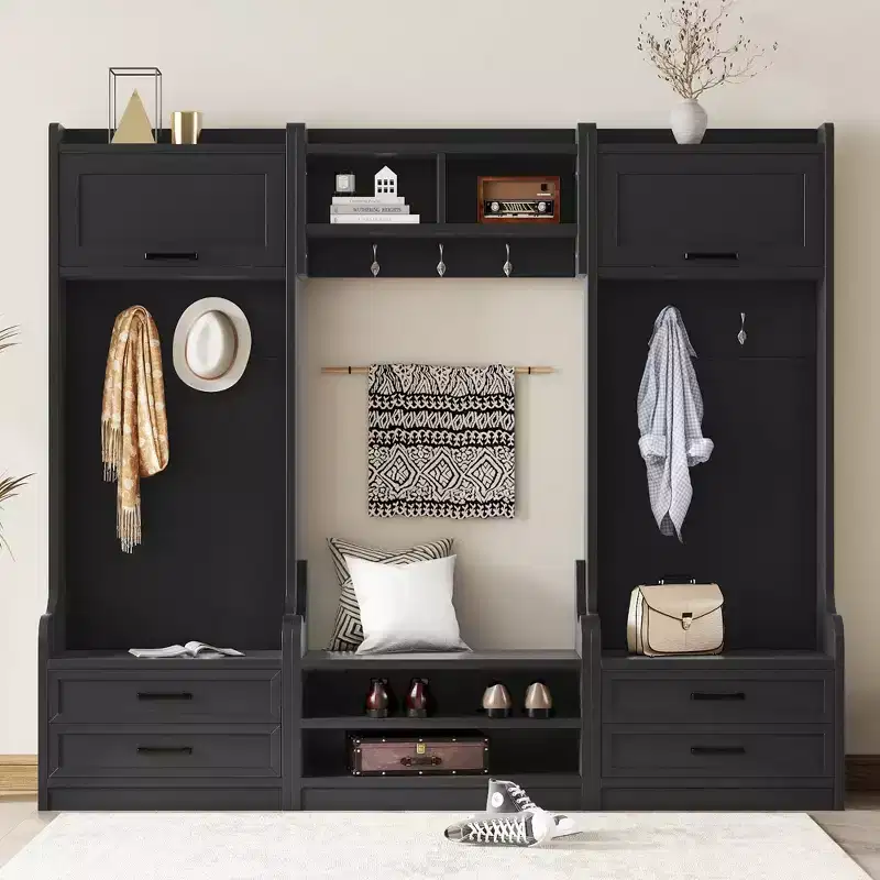 Coat Rack, Hall Tree with Shoe Storage, Farmhouse Shoe Cabinet with 3 Drawers, 7 Coat Hooks, Freestanding Shoe Rack Organizer for Entryway Hallway Closet