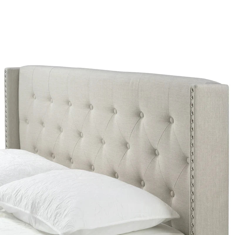 Beige Fabric Bed with Button Tufting and Nail Headed Wings