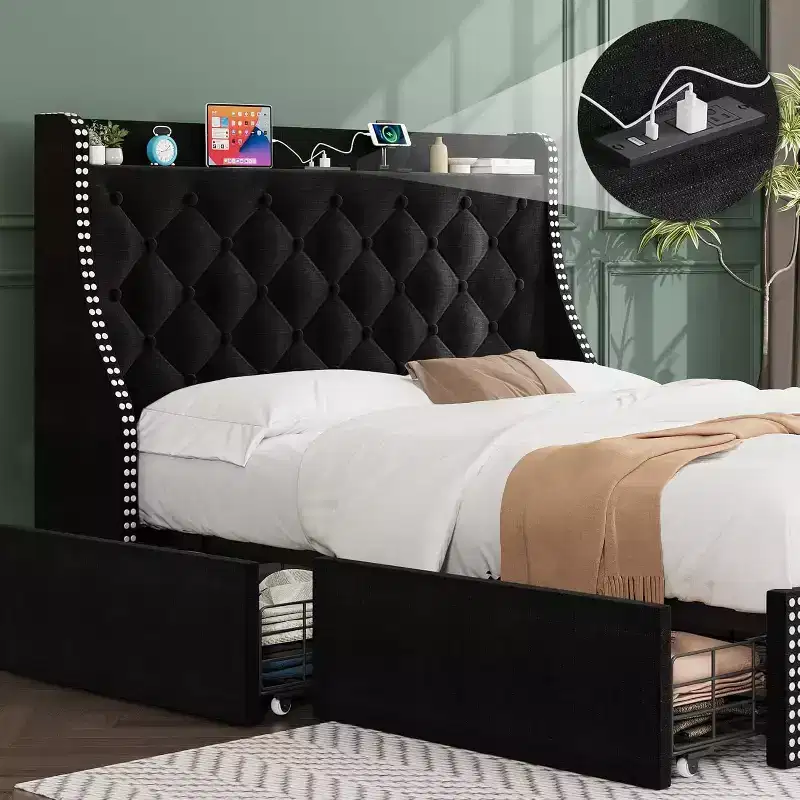 Bed Frame, Platform Bed with Velvet Upholstered Wingback Headboard - Wooden Slat Support, No Box Spring Needed, Easy Assembly