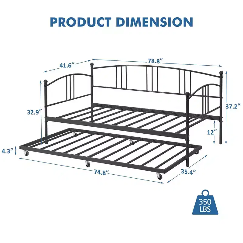 Coolmee Twin Size Metal Daybed with Trundle, Pull Out Trundle Bed Frame with Arched Headboard, Guest Sofa Bed with Steel Slat Support