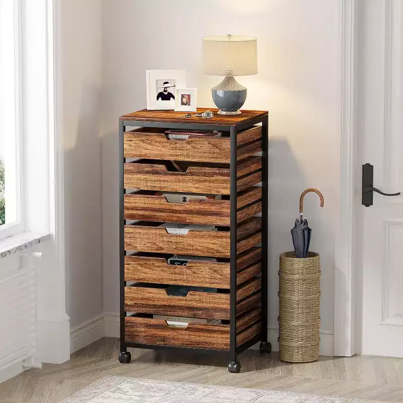 7-Tier Drawer Chest, Wood Storage Dresser Cabinet with Wheels