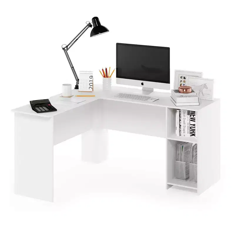 L-Shaped Computer Desk with Open Bookshelves, White