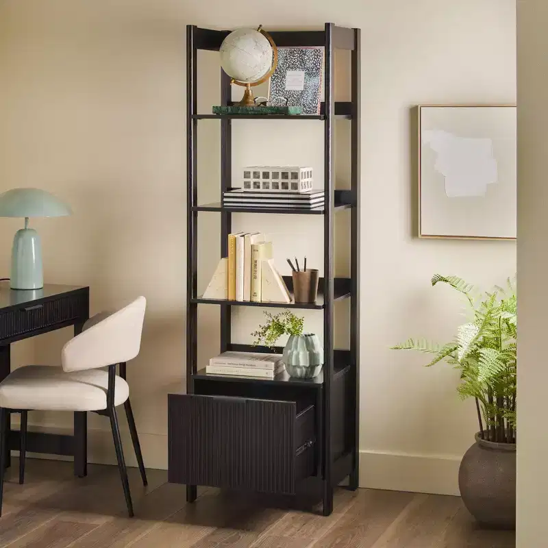Tall Narrow Bookshelf with Four Open Shelves and Reeded Drawer Front