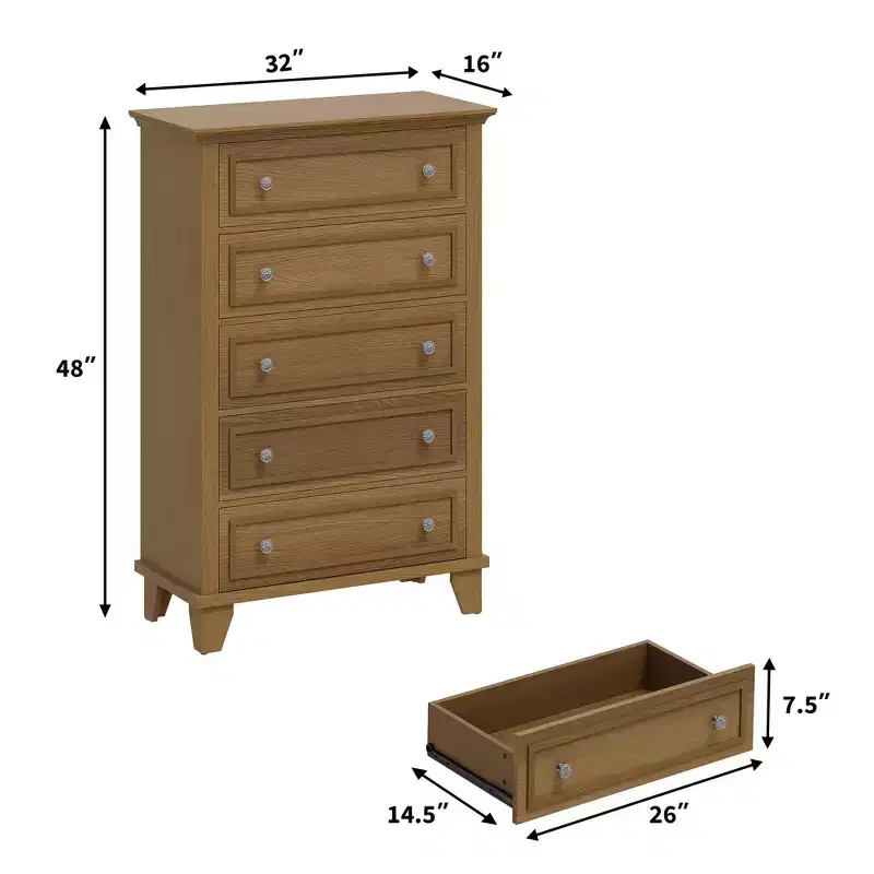 48 Tall 5 Drawer Dresser, Brown Wood with Deep Drawers & Metal Handles for Bedroom Living Room