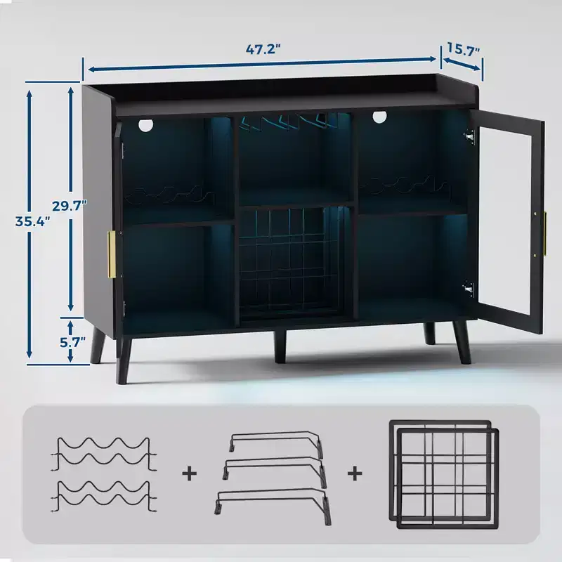 Freestanding Wine Bar Cabinet, 47 Wooden Coffee Bar Cabinet with Wine Rack & Glass Door, Sideboard Buffet Cabinet for Living Room, Kitchen
