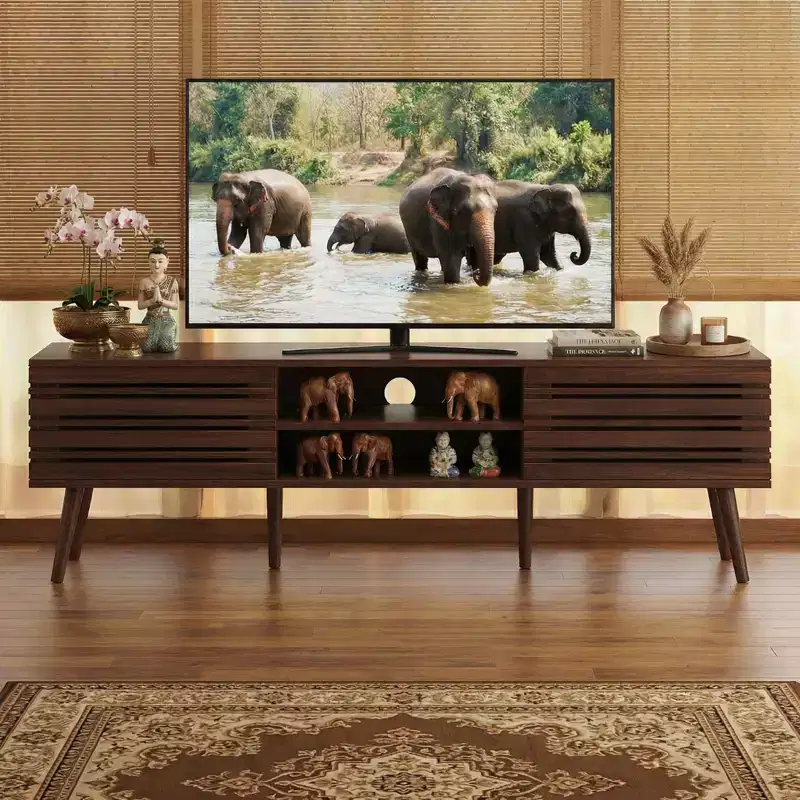 Mid Century Modern Fluted Wood TV Stand for 70'' TVs with Storage & Cable Management