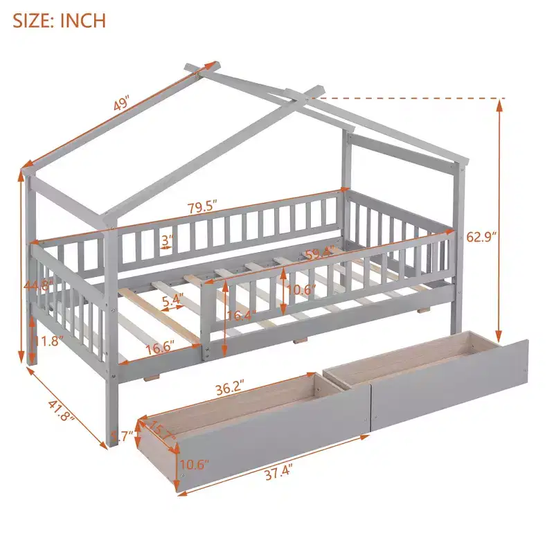 Twin Size House Bed Frame with Two Drawers and Guardrails, Wooden Kids Platform Bed, Gray