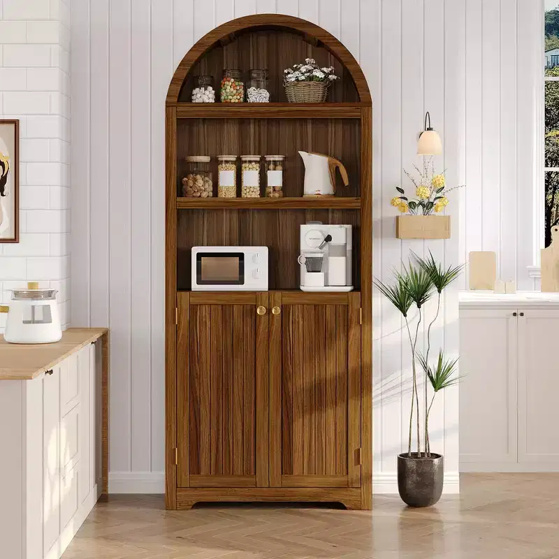 72 Tall Arched Pantry Cabinet, Kitchen Pantry Cabinet with Adjustable Shelf & Handles, Wood Storage Cabinet for Dining Room, Kitchen, Living Room