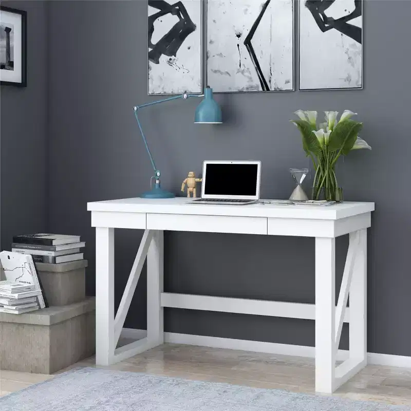 Okak 47.5IN Modern Computer Desk with Reinforced Table Legs, Office Desk with 1 Drawer, Standing Desk for Living Room, Office, Study, White