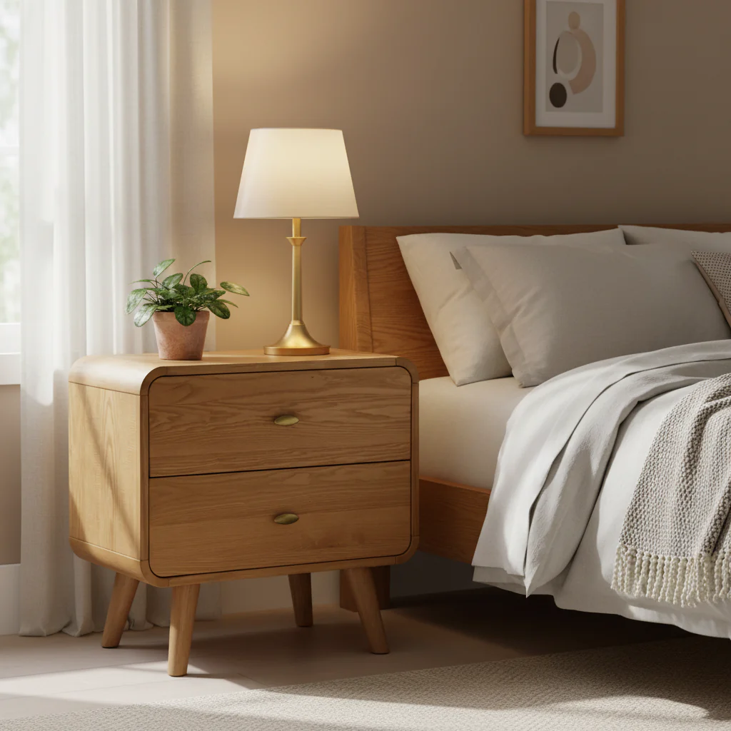 Mid-Century Modern 2-Drawer Nightstand in Light Ash with USB Ports