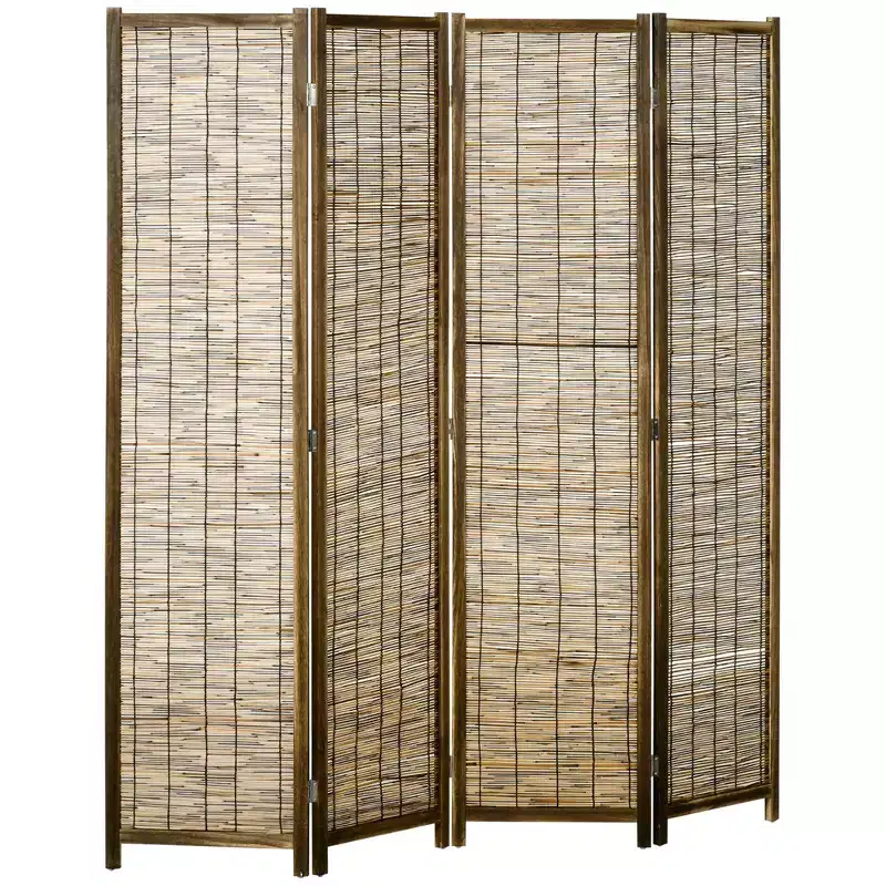 5.5' Tall Room Divider with Wood & Hand Woven Reed, 4 Panel Folding Privacy Screens, Portable Partition Wall Divider