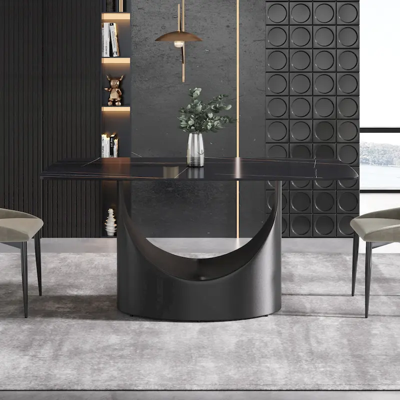 63-Inch Dining Table with Sintered Stone Tabletop and Metal Base