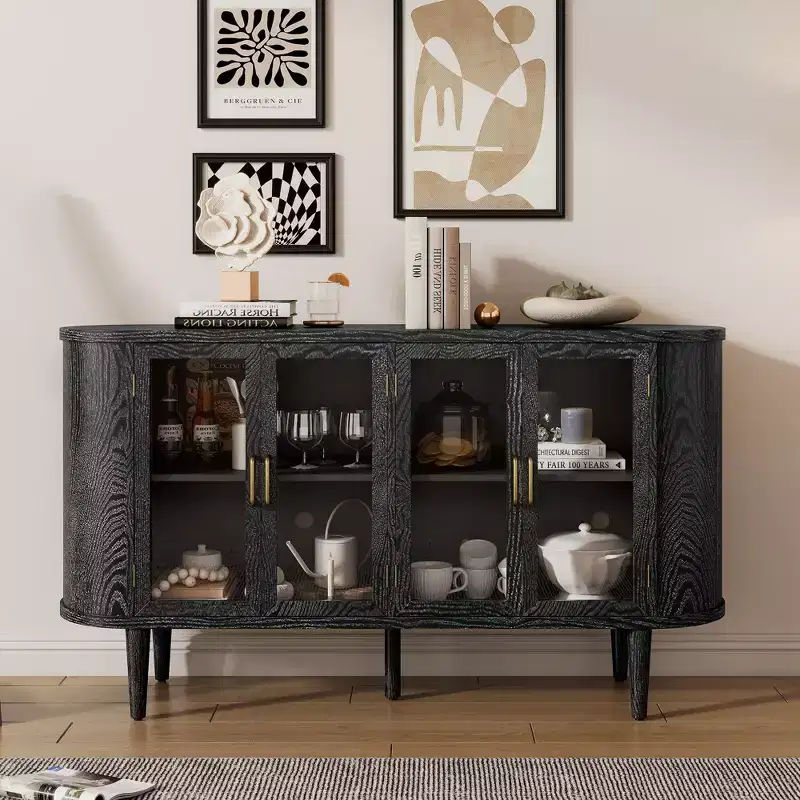MAYEERTY Sideboard Storage Cabinst Wood with Glass Doors Adjustable Shelves for Living Room Kitchen Black