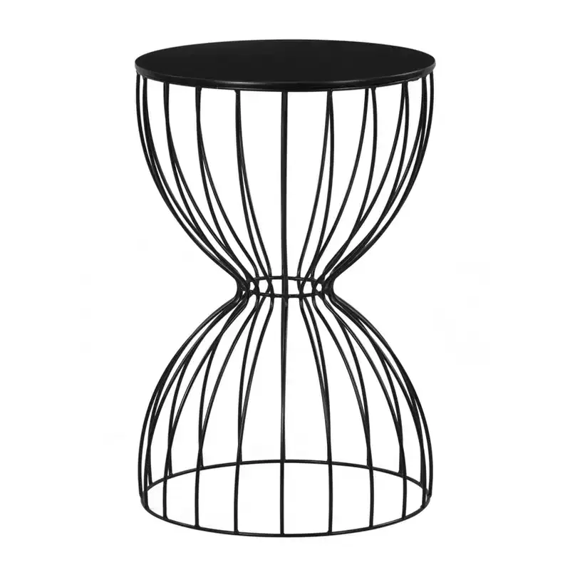 Round Hourglass Side Table Noir Black – Metal Frame, MDF Top, 23.62