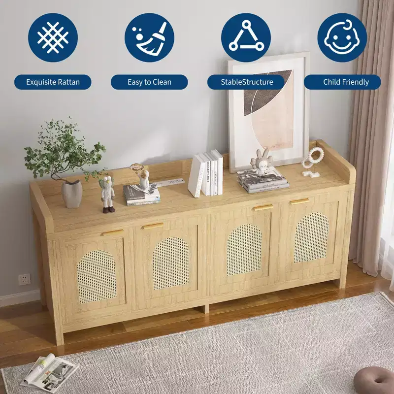Modern Rattan TV Stand Entertainment Center, Glass Doors, Storage Cabinets, for Living Room, Home