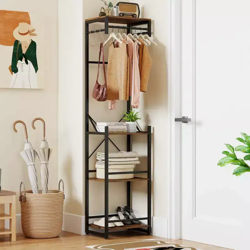 Freestanding Coat Rack with 4 Storage Shelves, 6 Hooks & 3 Hanging Rods for Entryway