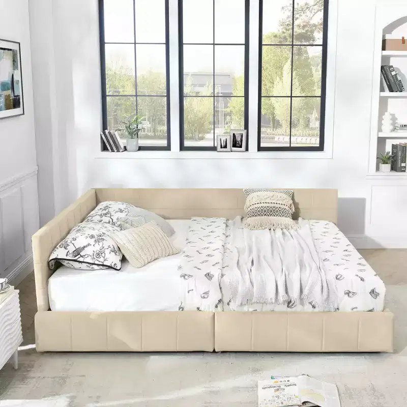 MAYEERTY Queen Size Storage Upholstered Tufted Bed Frame with Backrest and Armrests for Bedroom Beige