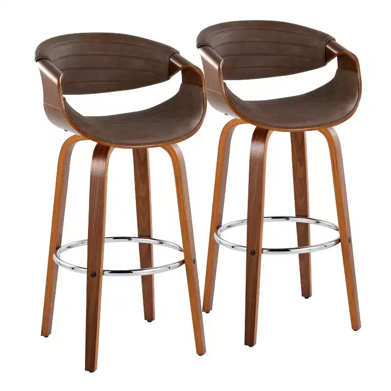 LumiSource Set of 2 Symphony Barstools Walnut Wood/Chrome Metal/Espresso PU