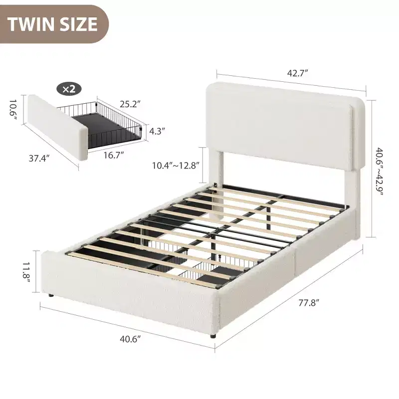 Teddy Fleece Bed Frame, Cloud Cream Bed Frame with 2 Storage Drawer and Adjustable Headboard, Soft Teddy Fabric, No Box Spring Required, Easy Assembly